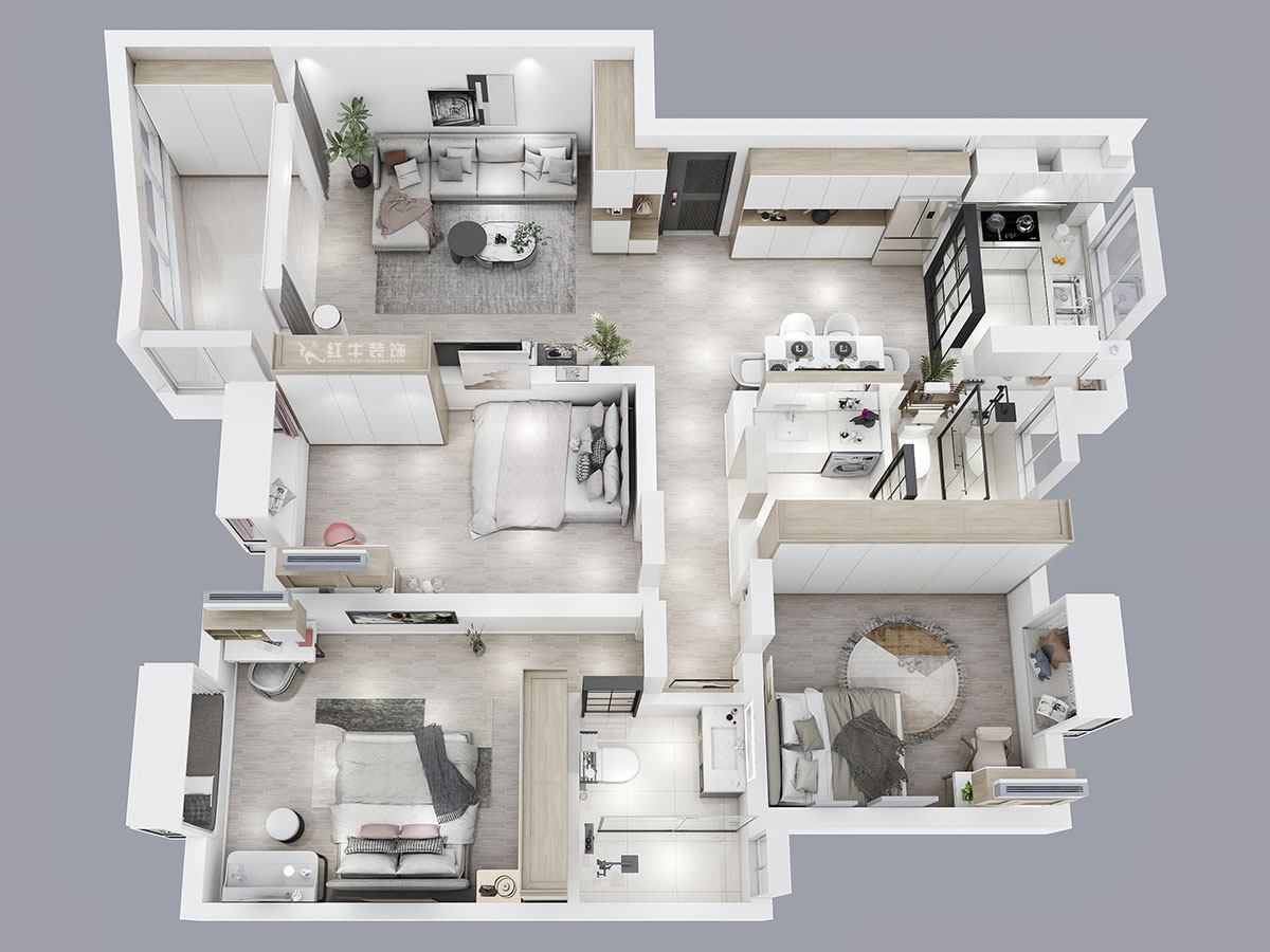 蔣?。鸶［?-405-110㎡-現(xiàn)代簡約風(fēng)格｜2室2廳2衛(wèi)｜新房裝修｜定制家｜全包15萬｜00_05鳥瞰圖