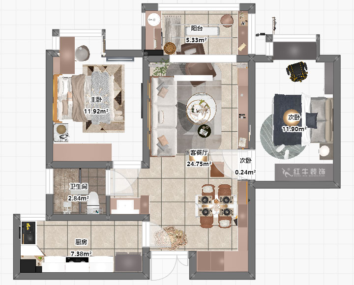 朱彥｜濱江雅園4-1703-88㎡-簡(jiǎn)約風(fēng)格｜2室2廳1衛(wèi)｜新房裝修｜定制家￥112400｜全包12萬(wàn)｜00_03平面彩圖