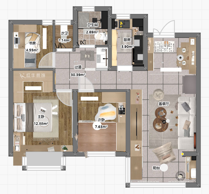 蔣?。鼕W園金基天著尚居5-1002-85㎡-現(xiàn)代簡(jiǎn)約風(fēng)格｜3室2廳1衛(wèi)｜新房裝修｜定制家｜全包12萬(wàn)｜00_04彩平面