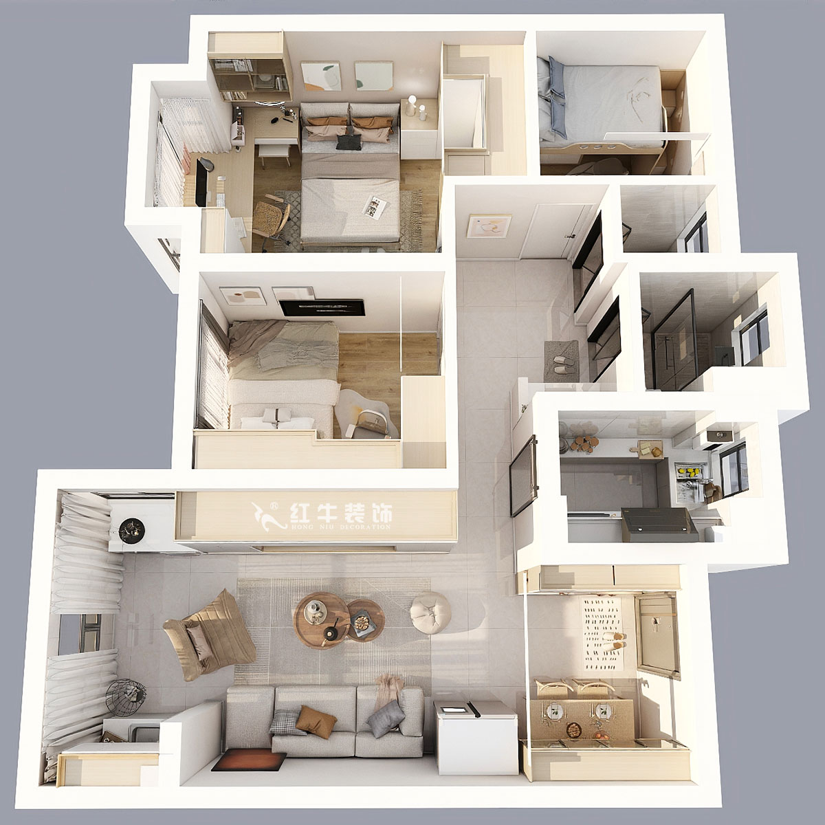 蔣琛｜奧園金基天著尚居5-1002-85㎡-現(xiàn)代簡(jiǎn)約風(fēng)格｜3室2廳1衛(wèi)｜新房裝修｜定制家｜全包12萬(wàn)｜00_05彩色三維圖