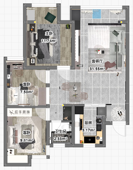 孟憲濤｜旭日愛上城星島園5-203-90㎡-簡約風格｜3室1廳1衛(wèi)｜老房裝修｜定制家｜全包14萬｜00_03平面彩圖