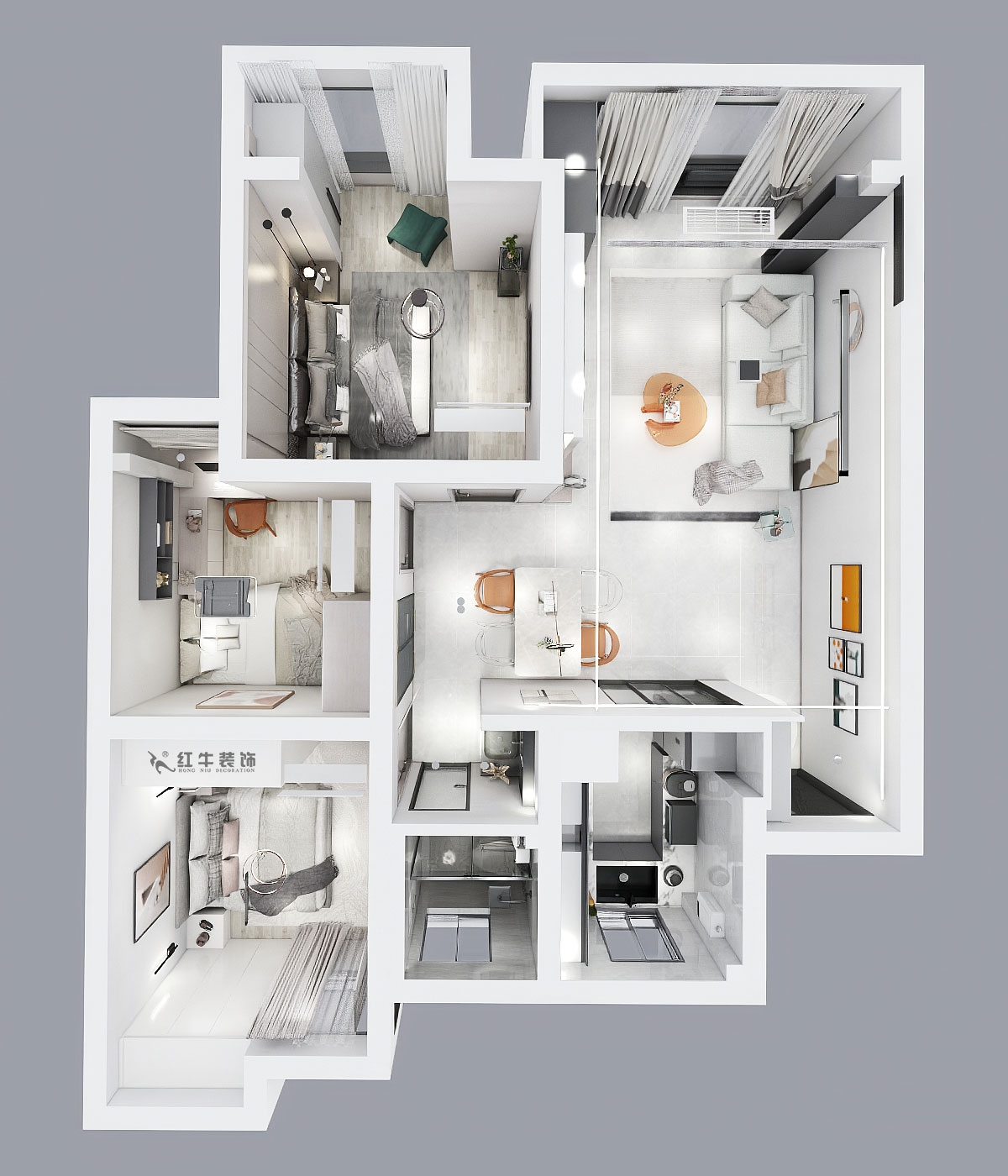 孟憲濤｜旭日愛上城星島園5-203-90㎡-簡約風格｜3室1廳1衛(wèi)｜老房裝修｜定制家｜全包14萬｜00_04鳥瞰圖