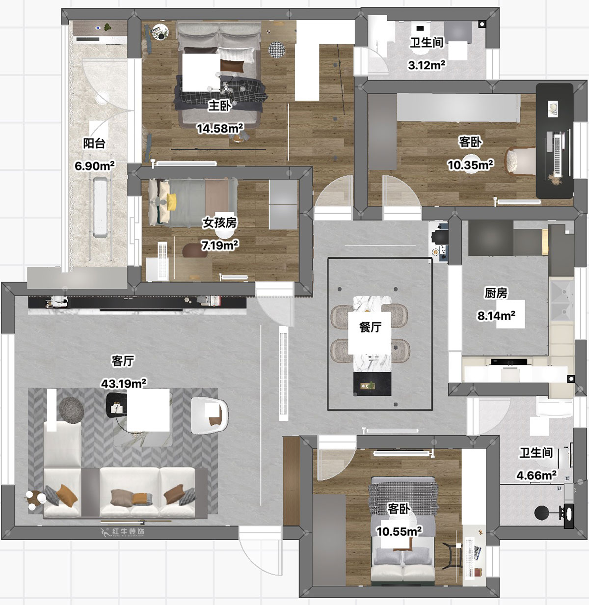 魏利利｜西苑公寓7-301-98㎡-現(xiàn)代簡約風(fēng)格｜4室2廳2衛(wèi)｜老房改造｜定制家｜全包15萬｜00_03平面彩圖