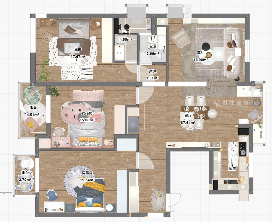 朱彥｜仁恒翠竹園26-204-130㎡-簡約風(fēng)格｜3室2廳2衛(wèi)｜老房裝修｜定制家｜全包20萬｜00_03平面彩圖