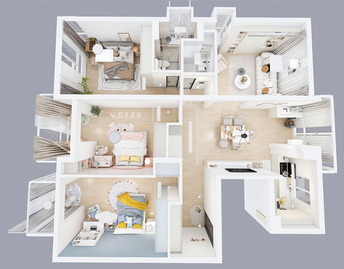 朱彥｜仁恒翠竹園26-204-130㎡-簡約風(fēng)格｜3室2廳2衛(wèi)｜老房裝修｜定制家｜全包20萬｜00_04鳥瞰圖