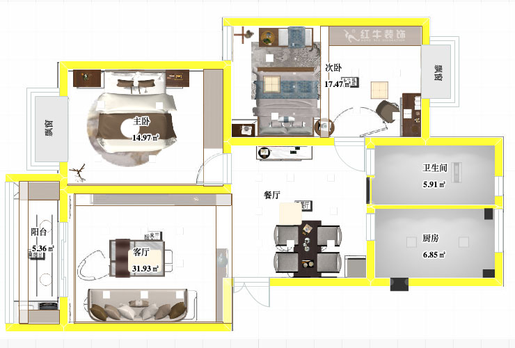 張智猿｜裕順雅苑12-502-96㎡-中式風(fēng)格｜2室1廳1衛(wèi)｜老房裝修｜定制家｜全包9萬｜00_04平面彩圖