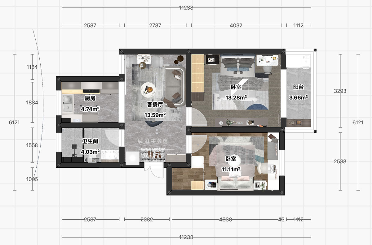 顧娟｜白馬山莊3-2-602-65㎡-現(xiàn)代風格｜2室1廳1衛(wèi)｜舊房裝修｜定制家｜全包11