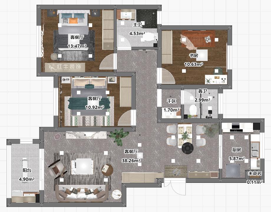 魏明花｜林景熙園4-302-117㎡-現(xiàn)代簡約風格｜3室2廳2衛(wèi)｜毛坯房裝修｜定制家｜全包16
