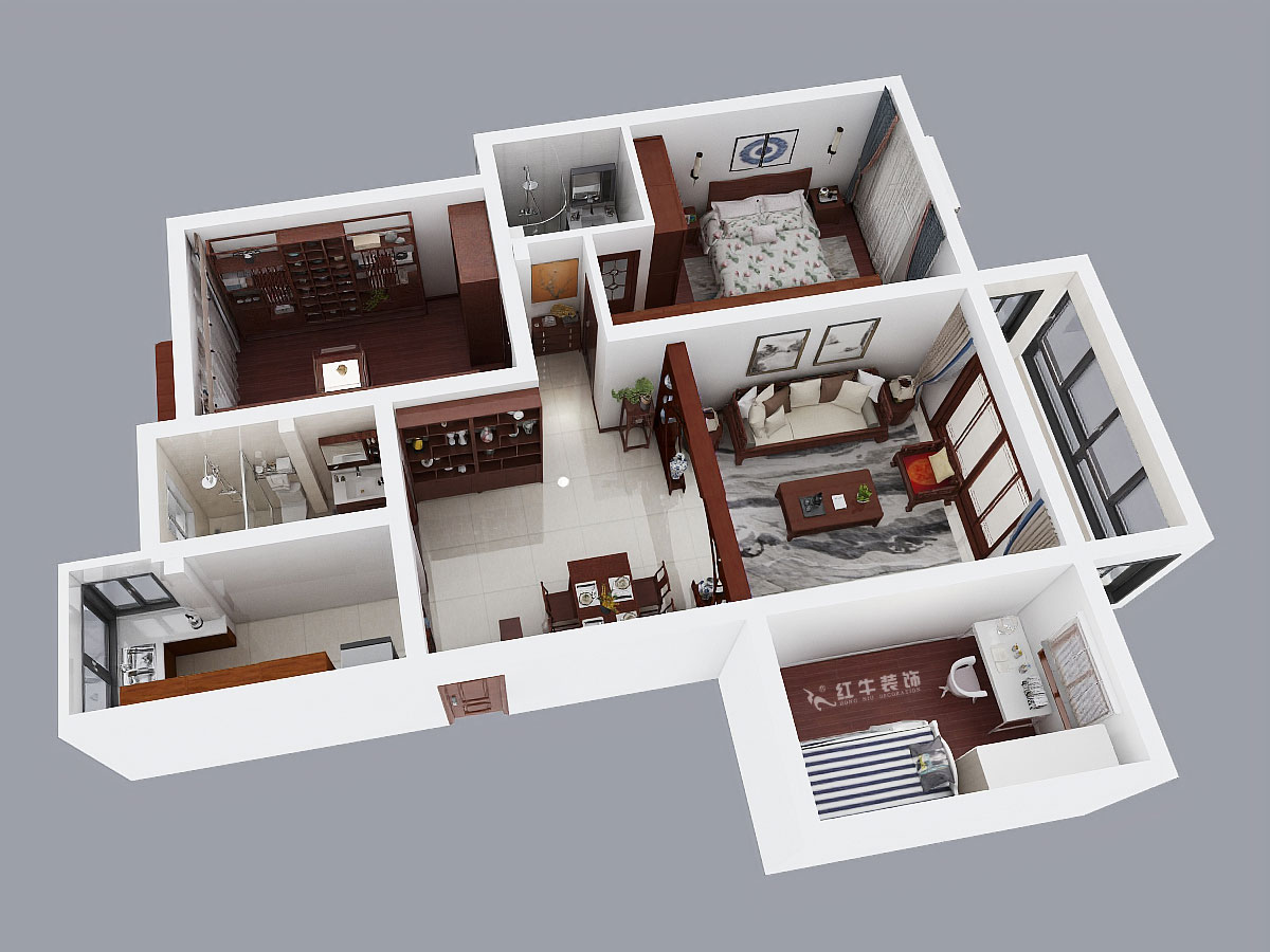 朱彥｜鳳翔花園4-104-110㎡-中式風格｜3室2廳2衛(wèi)｜老房裝修｜定制家｜全包13萬｜00_03鳥瞰圖