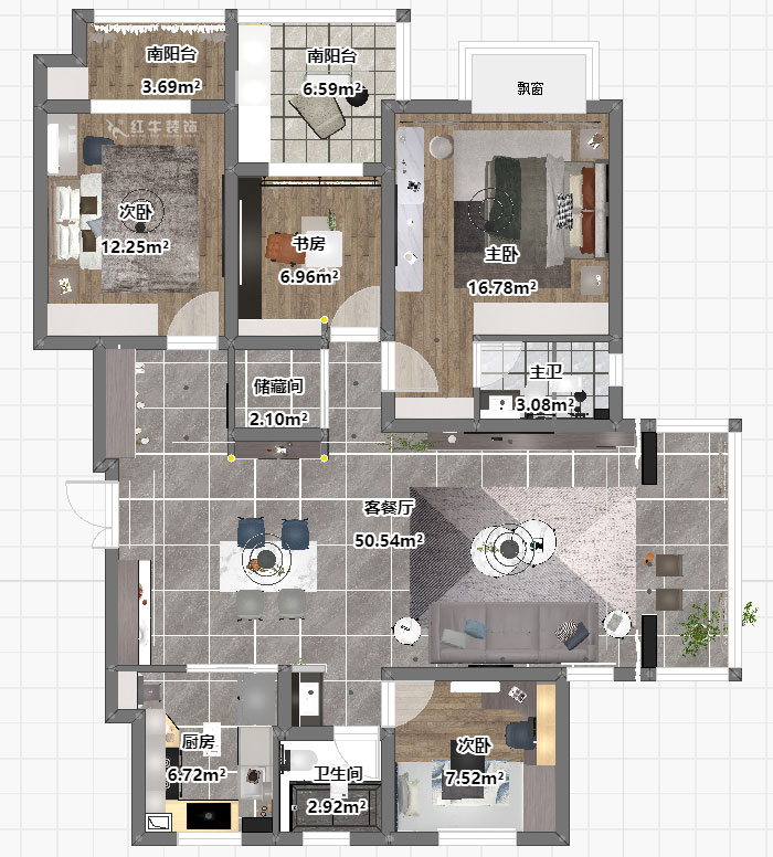 蔣?。欉\嘉園18-2-304-140㎡-現(xiàn)代簡約風(fēng)格｜4室2廳2衛(wèi)｜新房裝修｜定制家｜全包22萬｜00_03平面彩圖