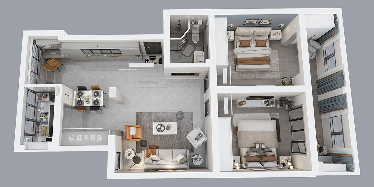 孟憲濤｜估衣廊18-3-305-100㎡-簡約風格｜3室2廳1衛(wèi)｜老房裝修｜定制家｜全包14萬｜00_04鳥瞰圖