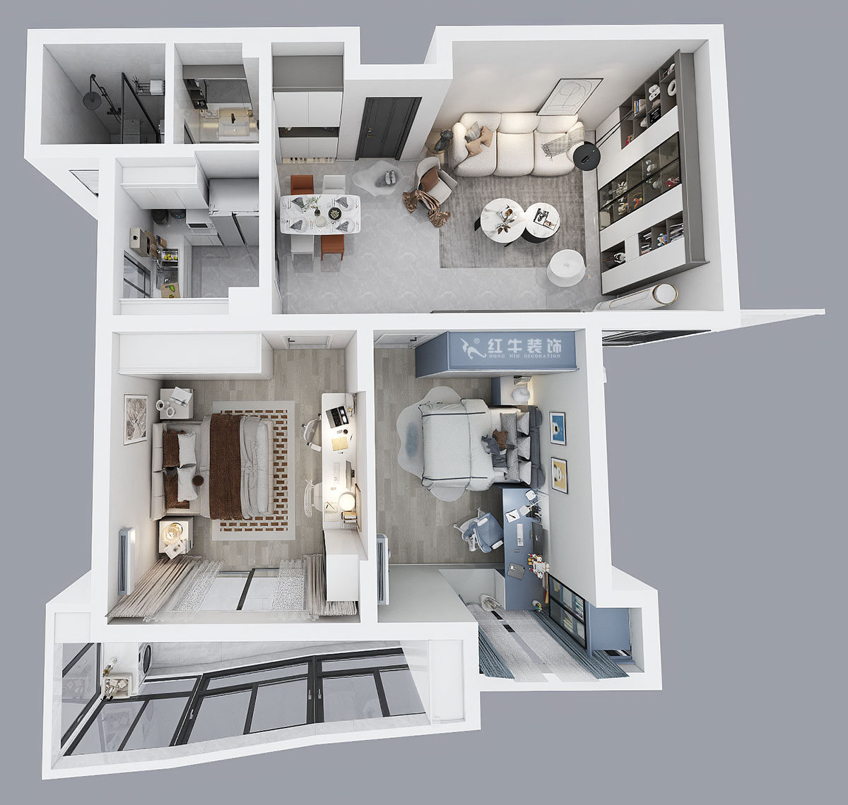 朱彥｜銀城東苑13-1402-99㎡-現(xiàn)代簡約風(fēng)格｜2室2廳1衛(wèi)｜老房裝修｜定制家｜全包13萬｜00_04鳥瞰圖
