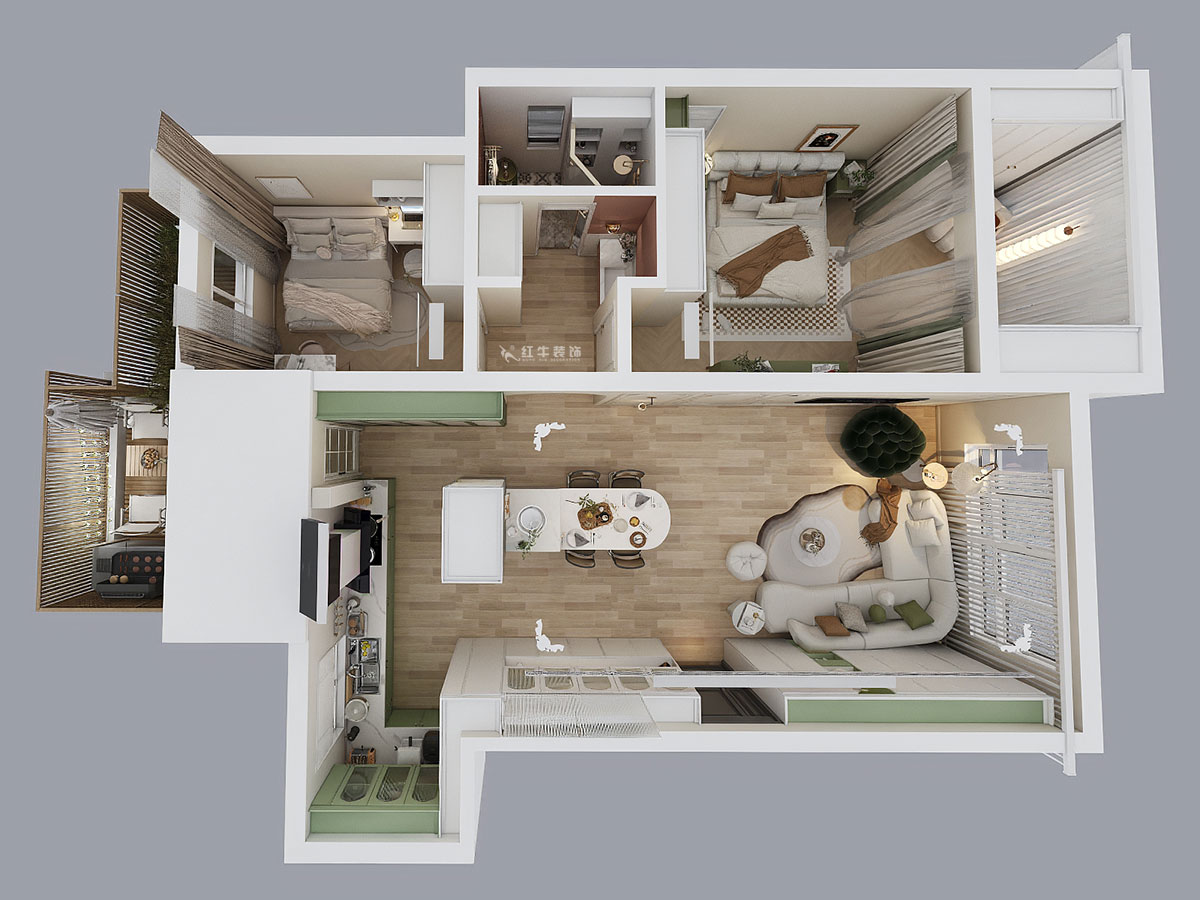 朱明琪｜紫金東郡16-1-501-99㎡-法式奶油風｜2室1廳1衛(wèi)｜老房翻新｜定制家｜全包15萬｜00_05鳥瞰圖