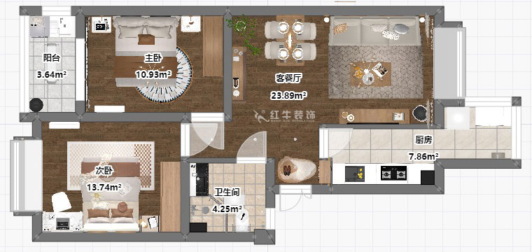 劉小勇｜燕禾園10-3-1002-82㎡-現(xiàn)代簡約風格｜2室2廳1衛(wèi)｜老房裝修｜定制家｜全包11萬｜00_03平面彩圖
