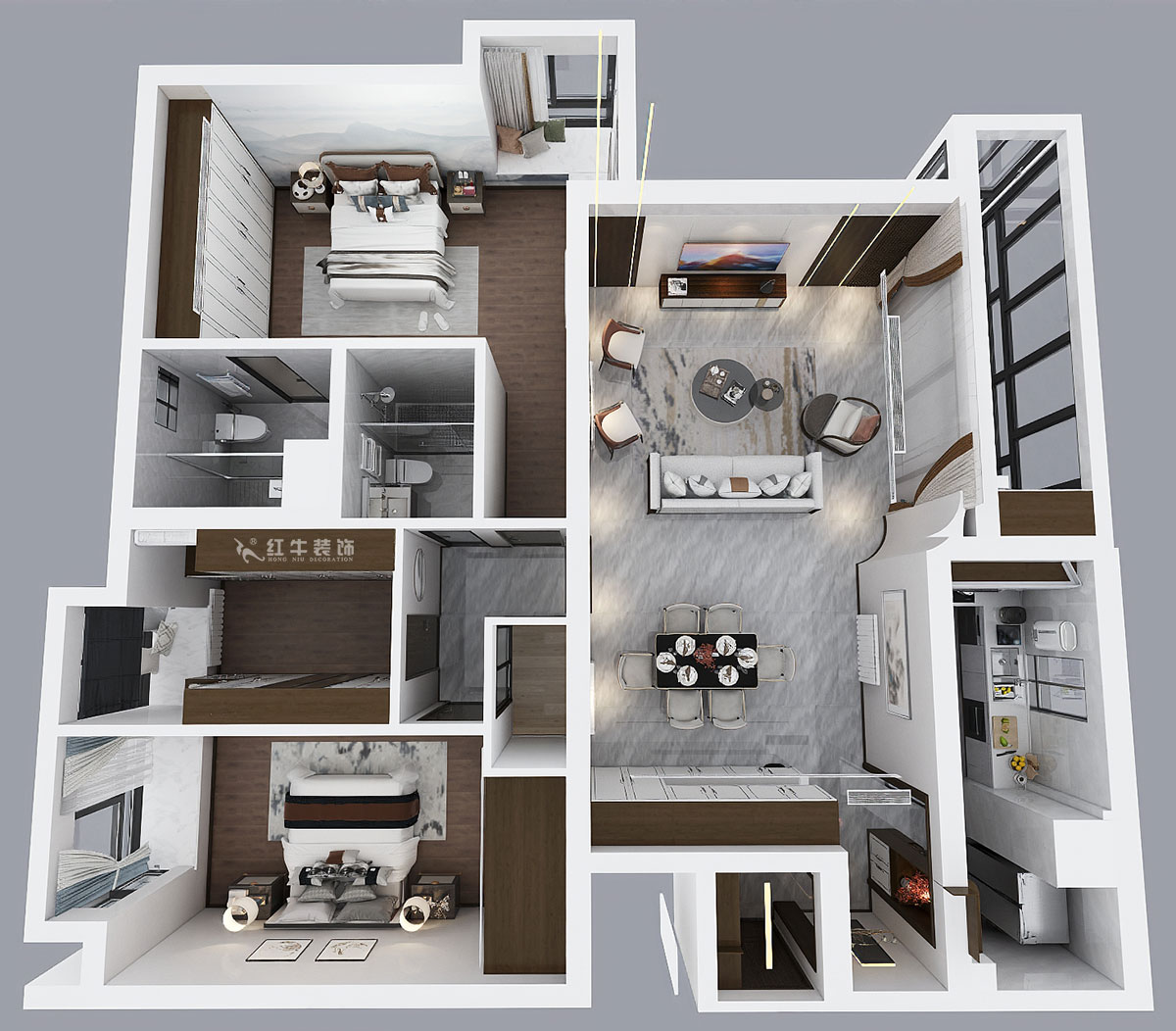 蔣琛｜京隆銘爵府2-501-170㎡-中式風(fēng)格｜3室2廳2衛(wèi)｜舊房裝修｜定制家｜全包22萬｜00_04鳥瞰圖