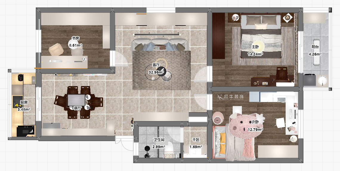 孟憲濤｜牡丹里17-601-108㎡-現(xiàn)代簡(jiǎn)約風(fēng)格｜3室2廳2衛(wèi)｜老房裝修｜定制家｜全包14萬｜00_03平面彩圖