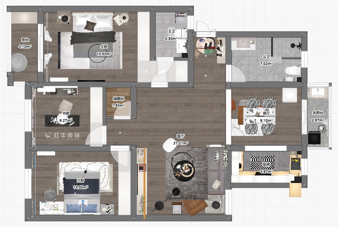 蔣?。鼤r(shí)代雅居18-305-130㎡-現(xiàn)代簡約風(fēng)格｜3室2廳2衛(wèi)｜老房裝修｜定制家｜全包15萬｜00_03平面彩圖