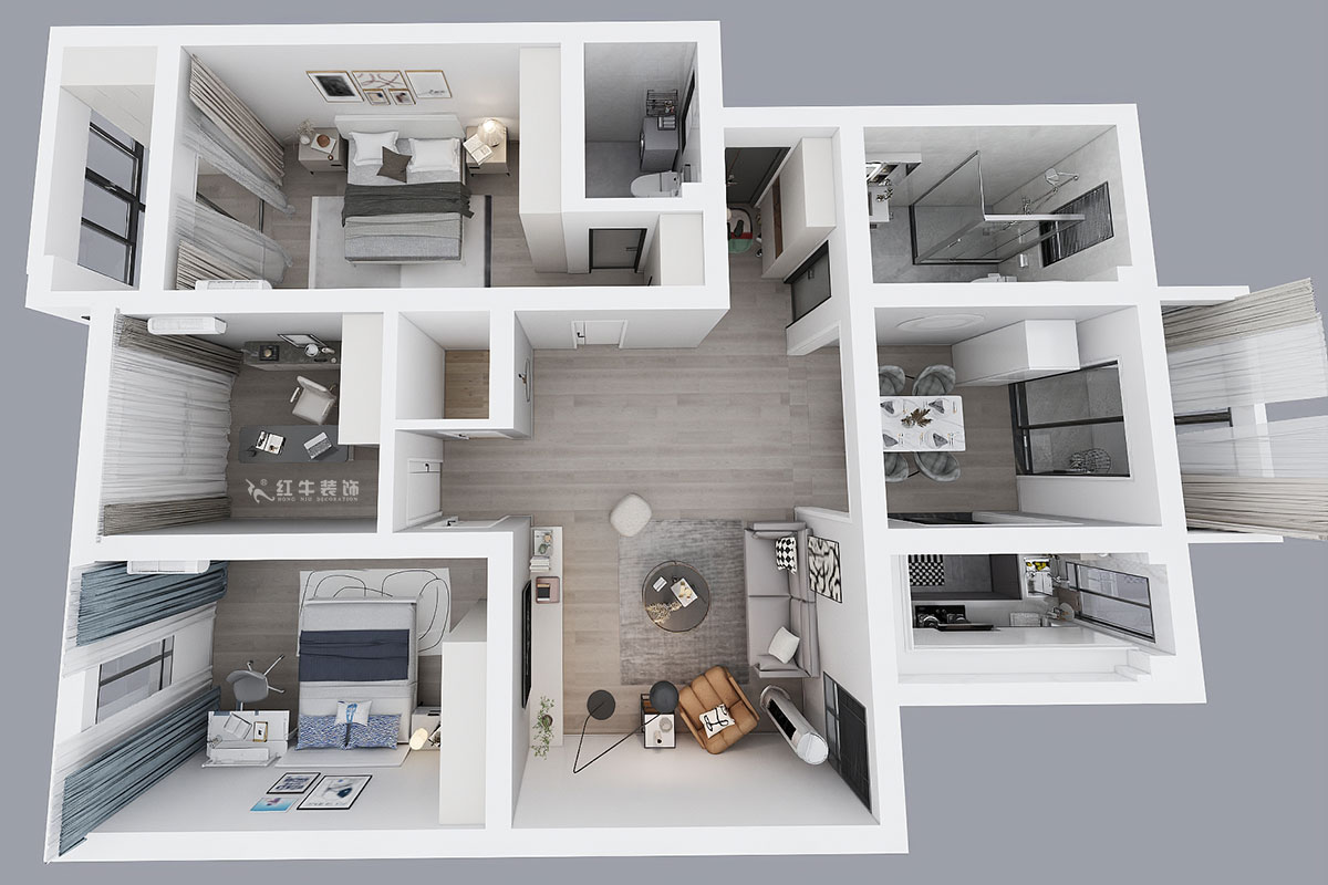 蔣?。鼤r(shí)代雅居18-305-130㎡-現(xiàn)代簡約風(fēng)格｜3室2廳2衛(wèi)｜老房裝修｜定制家｜全包15萬｜00_04鳥瞰圖