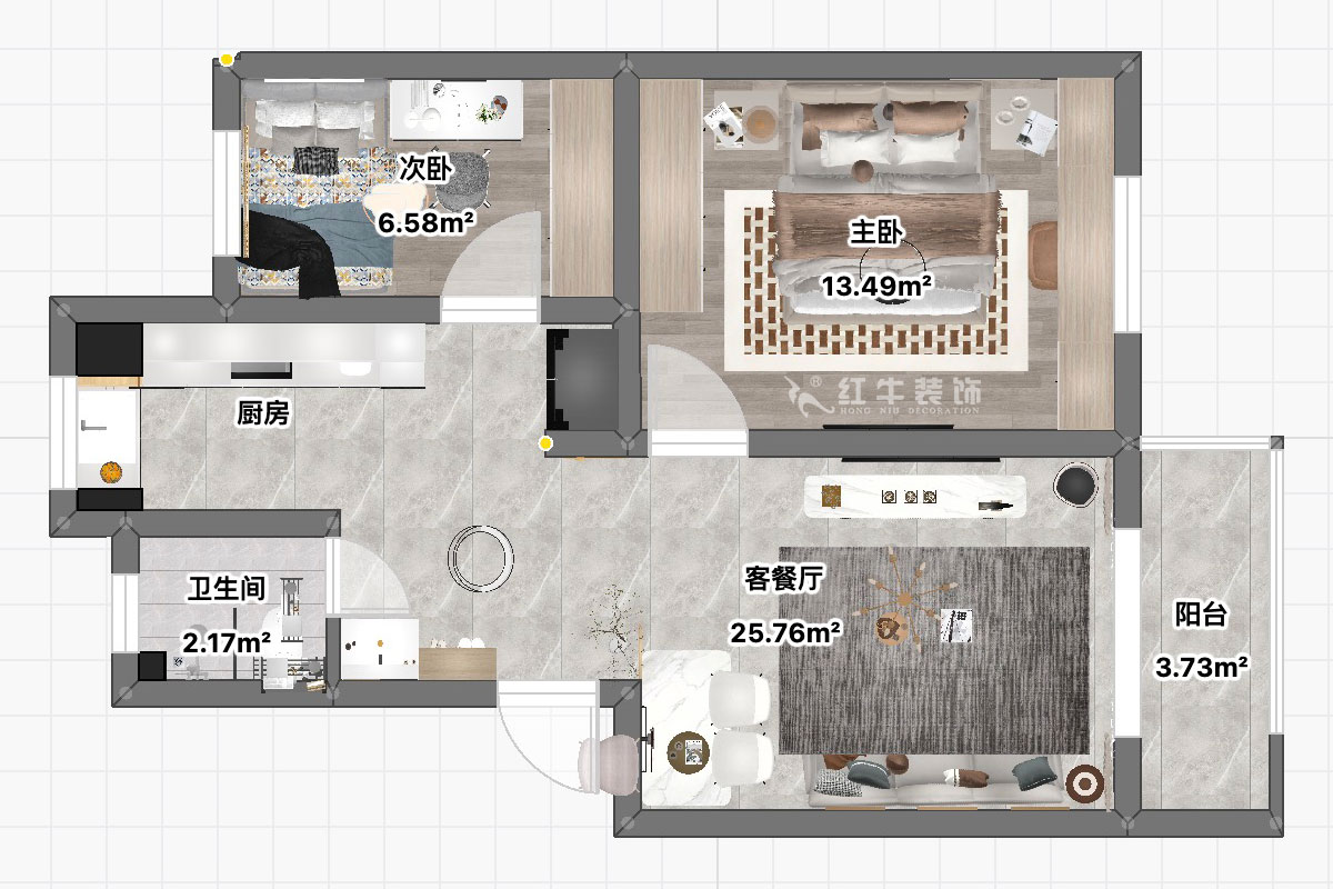 朱彥｜養(yǎng)回紅村5號(hào)小區(qū)5-1-101-65㎡-現(xiàn)代簡約風(fēng)格｜3室1廳1衛(wèi)｜老房裝修｜定制家｜全包11萬｜00_03平面彩圖