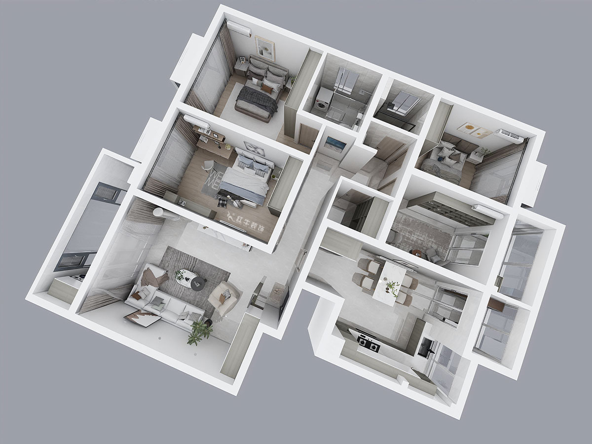 陸利民｜楓丹白露7-3-702-160㎡-現(xiàn)代簡約風(fēng)格｜4室2廳2衛(wèi)｜舊房裝修｜定制家｜全包23萬｜00_04鳥瞰圖