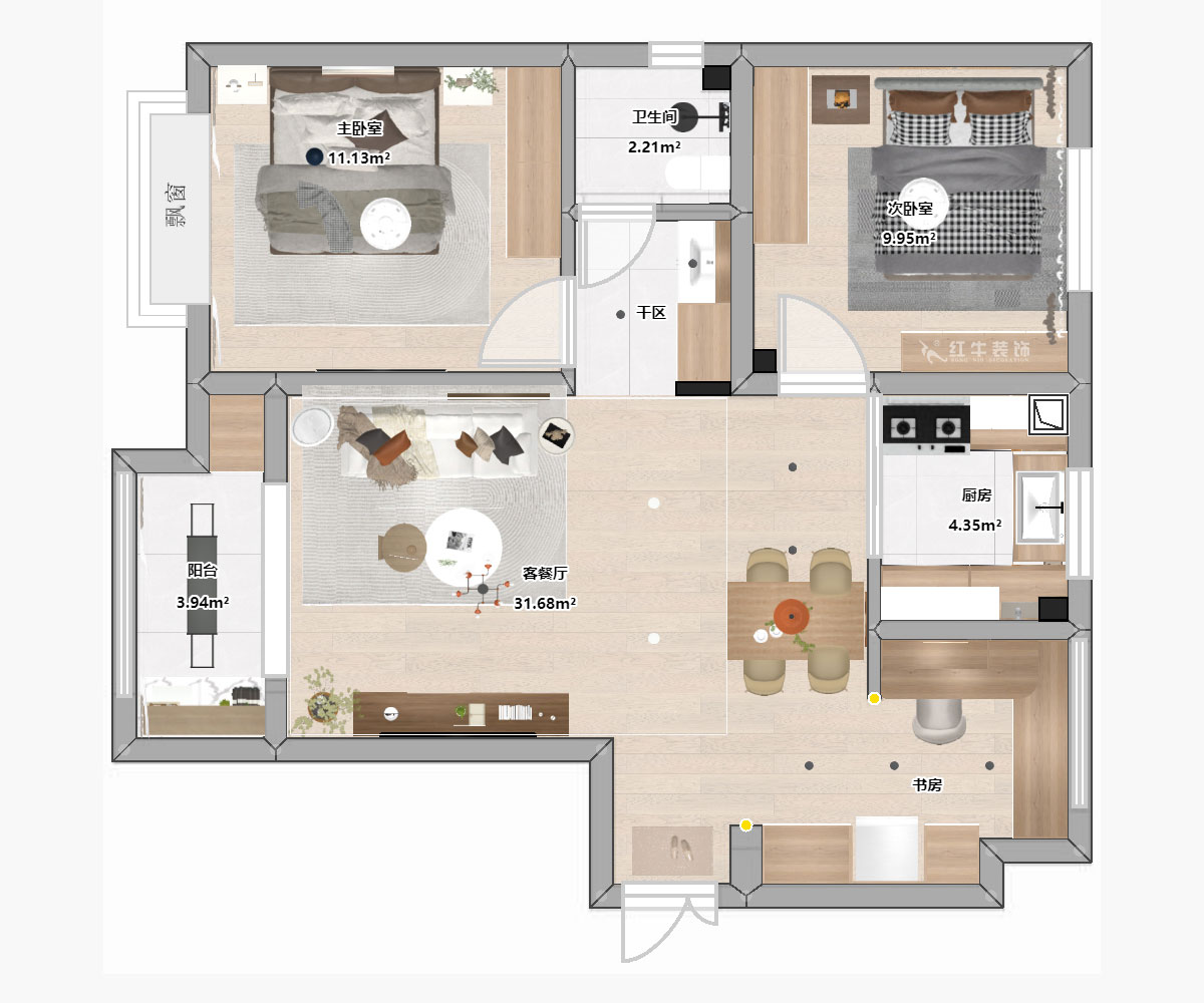 陸利民｜文墨花苑10-909-87㎡-現(xiàn)代風(fēng)格｜3室2廳1衛(wèi)｜舊房裝修｜定制家｜全包12萬｜00_04平面彩圖