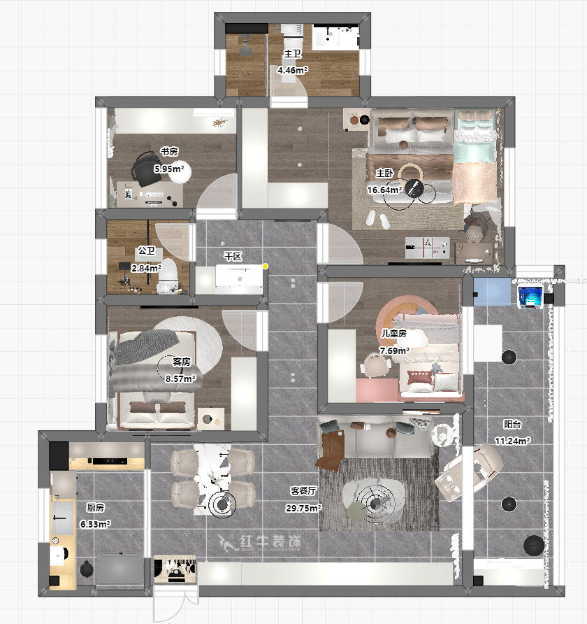 蔣?。銗倿懮?0-601-125㎡-現(xiàn)代簡約風格｜4室2廳2衛(wèi)｜新房裝修｜定制家｜全包17萬｜00_03平面彩圖