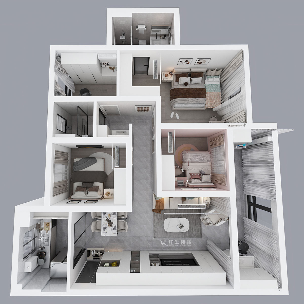 蔣?。銗倿懮?0-601-125㎡-現(xiàn)代簡約風格｜4室2廳2衛(wèi)｜新房裝修｜定制家｜全包17萬｜00_04鳥瞰圖