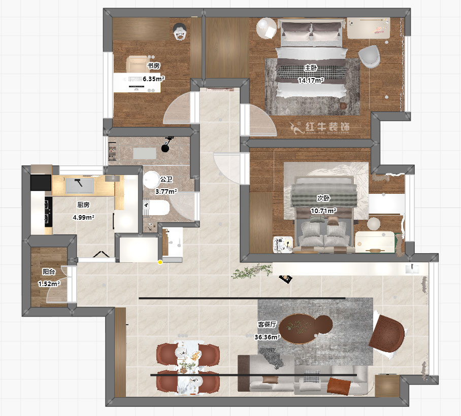 朱彥｜潤錦城11-1702-87㎡-現(xiàn)代簡約風(fēng)格｜3室1廳1衛(wèi)｜新房裝修｜定制家｜全包13萬｜00_03平面彩圖
