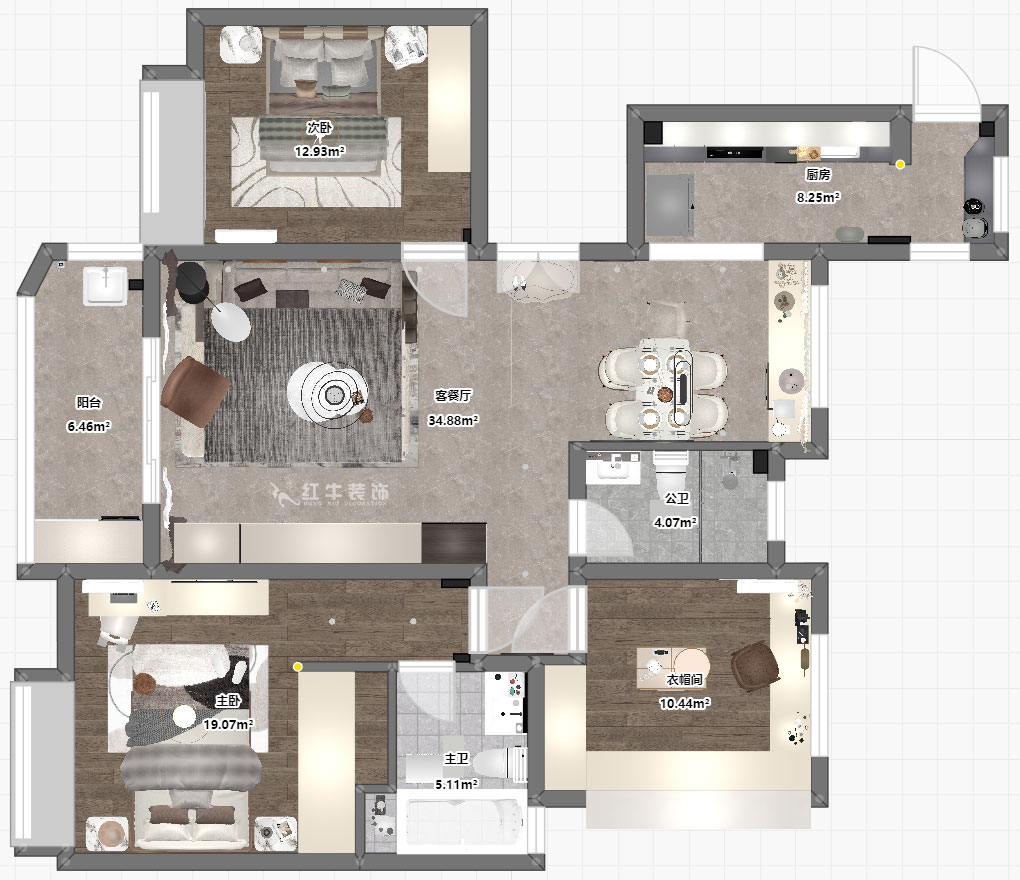 蔣?。靼l(fā)香山郡24-503-125㎡-現(xiàn)代簡(jiǎn)約風(fēng)格｜3室2廳2衛(wèi)｜新房裝修｜定制家｜全包17萬(wàn)｜00_03平面彩圖