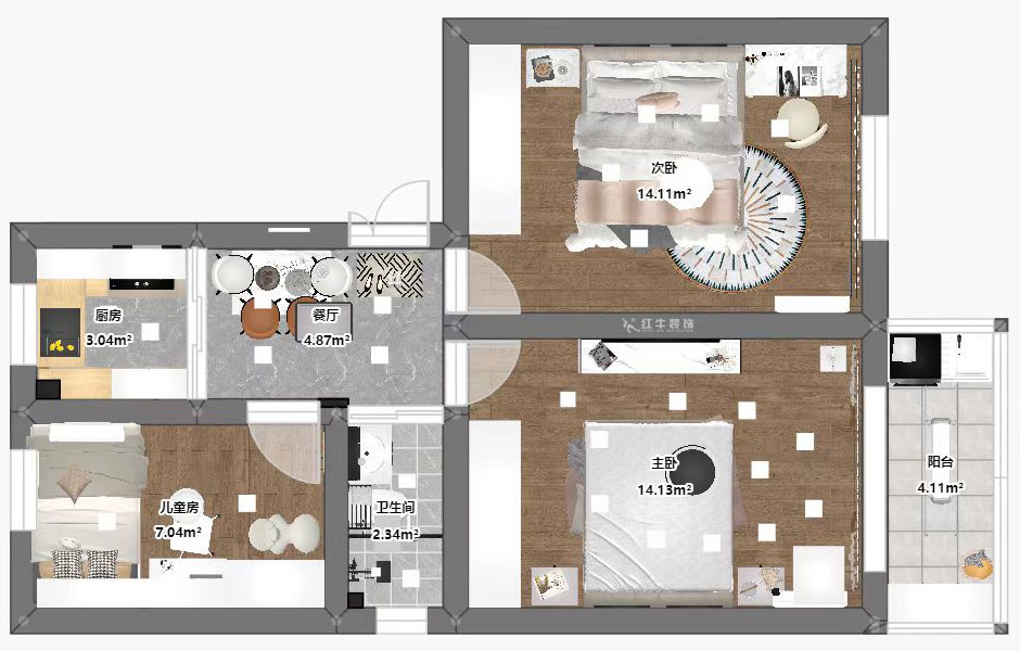 蔣?。P凰莊169-301-65㎡-現(xiàn)代簡約風(fēng)格｜3室1廳1衛(wèi)｜老房裝修｜定制家｜全包10萬｜00_03平面彩圖