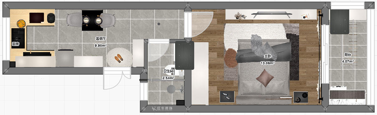 孟憲濤｜殷高巷55-301-50㎡-現(xiàn)代簡約風格｜1室1廳1衛(wèi)｜老房裝修｜定制家｜全包8萬｜00_03平面彩圖