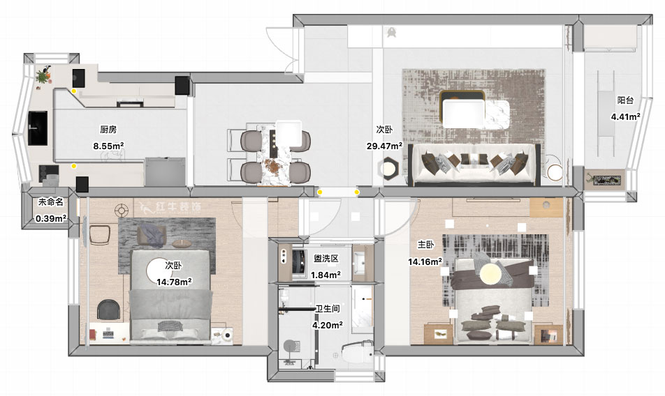 張智猿｜彩虹苑10-31-202-90㎡-現(xiàn)代風(fēng)格｜2室2廳1衛(wèi)｜老房裝修｜定制家｜全包14萬(wàn)｜00_04平面彩圖