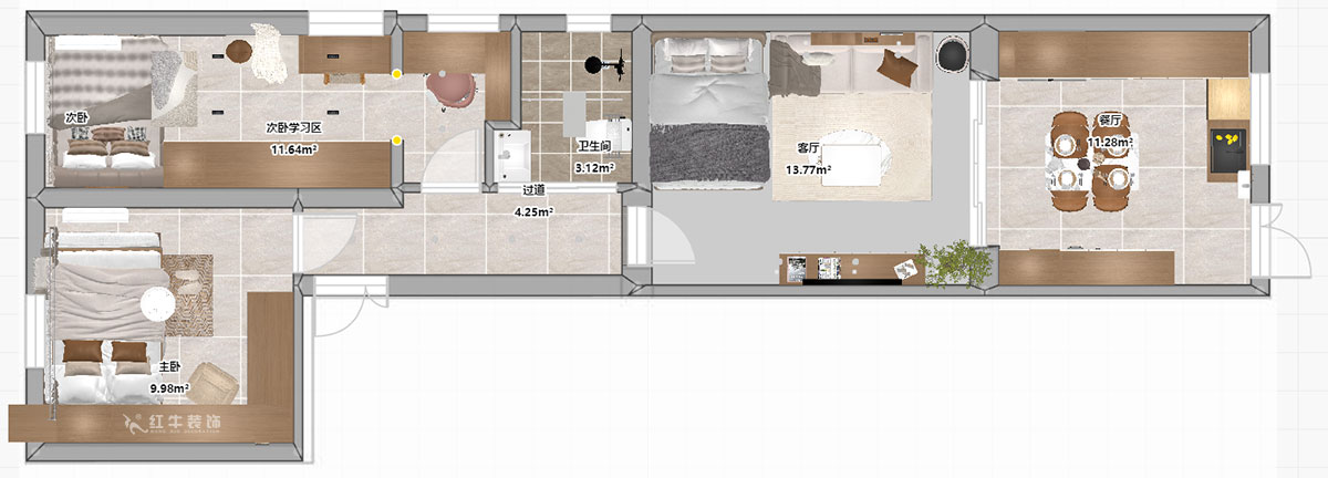 吳波｜王府園22-1-101-76㎡-現(xiàn)代簡約風(fēng)格｜2室2廳1衛(wèi)｜舊房裝修｜定制家｜全包12萬｜00_04平面彩圖