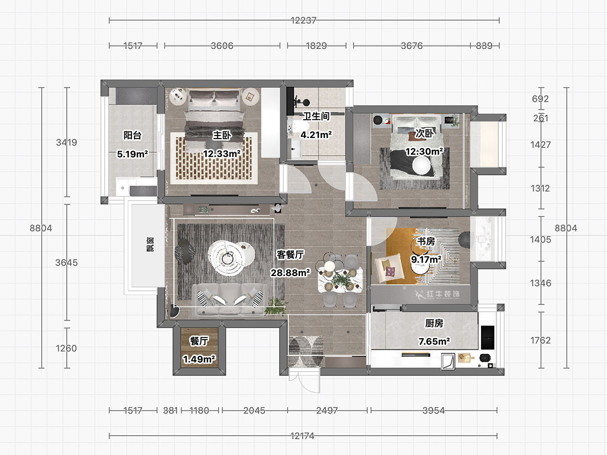 朱彥｜恒山花苑1-3-703-106㎡-現(xiàn)代簡(jiǎn)約風(fēng)格｜3室2廳1衛(wèi)｜新房裝修｜定制家｜全包14萬(wàn)｜00_03平面彩圖
