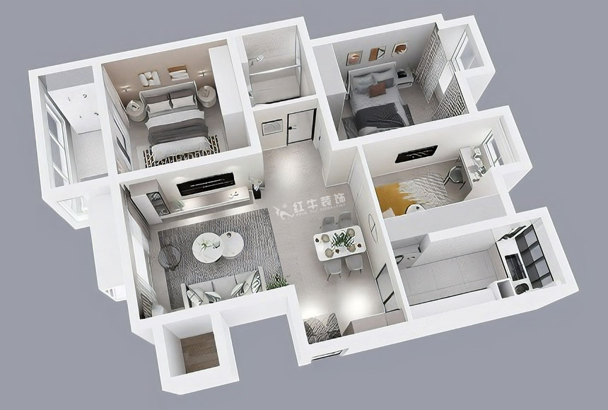 朱彥｜恒山花苑1-3-703-106㎡-現(xiàn)代簡(jiǎn)約風(fēng)格｜3室2廳1衛(wèi)｜新房裝修｜定制家｜全包14萬(wàn)｜00_04鳥瞰圖