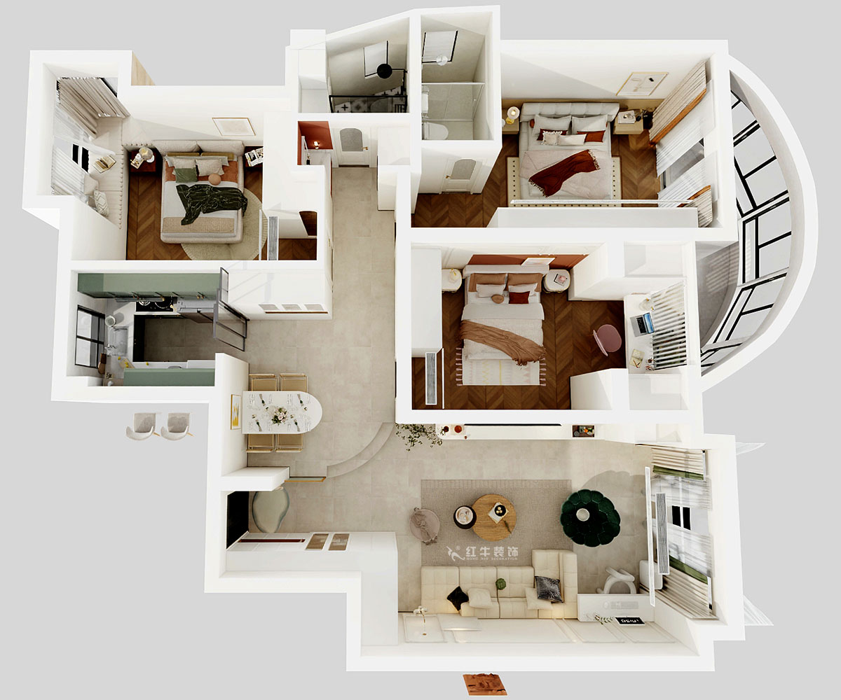 顧娟｜翠島花城荷田苑6-101-135㎡-現代簡約風格｜3室2廳2衛(wèi)｜舊房裝修｜定制家｜全包19萬｜00_04鳥瞰圖