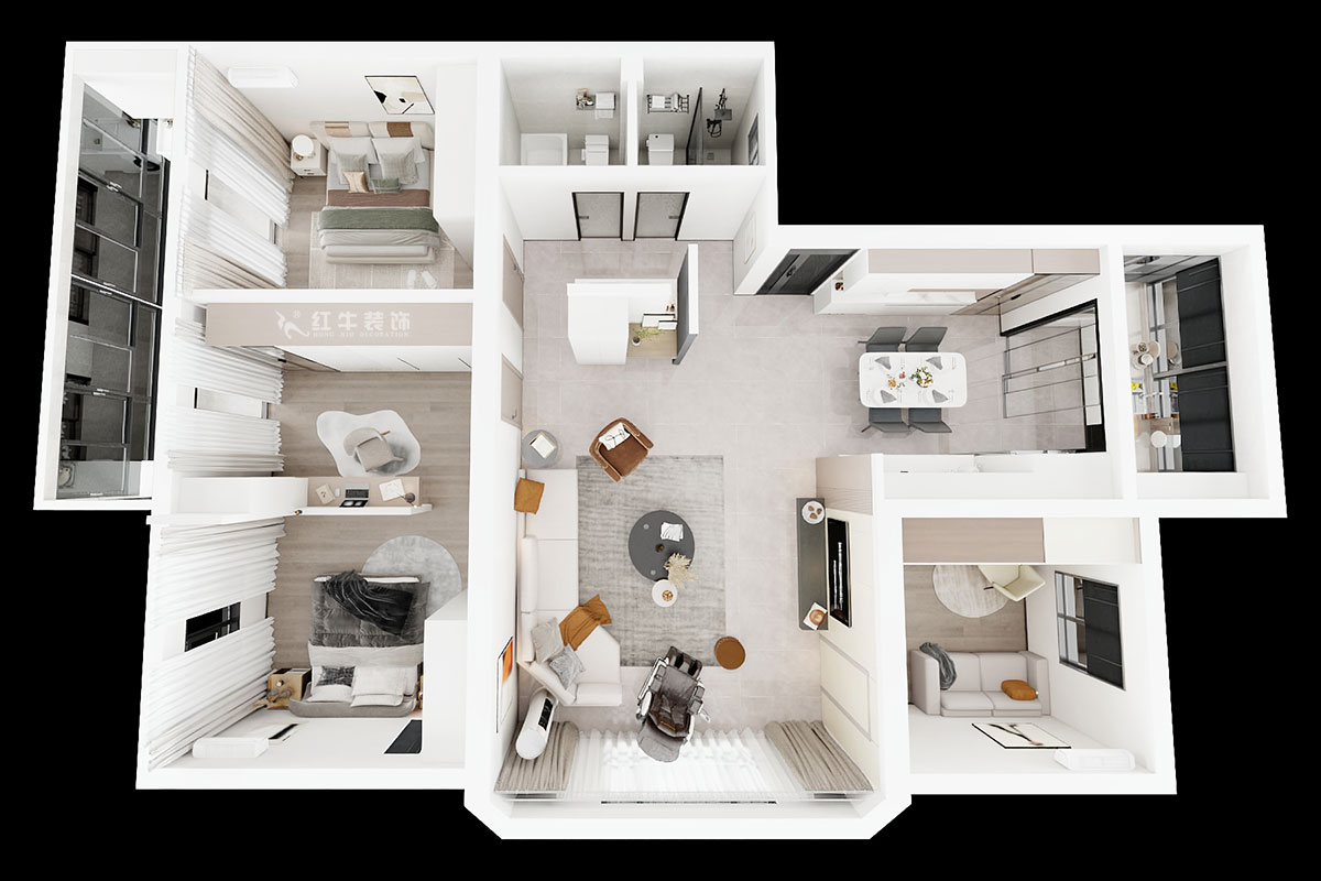 蔣?。鼥|升花苑5-501-140㎡-現(xiàn)代簡約風(fēng)格｜4室2廳2衛(wèi)｜老房裝修｜定制家｜全包20萬｜00_04鳥瞰圖