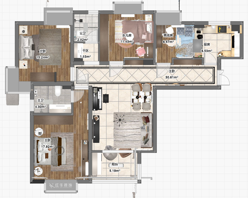 劉小勇｜萬(wàn)和源居4-2-1608-130㎡-現(xiàn)代簡(jiǎn)約風(fēng)格｜3室2廳2衛(wèi)｜老房裝修｜定制家｜全包18萬(wàn)｜00_03平面彩圖