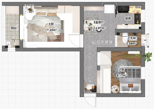 朱明琪｜碑亭巷139號2-503-57㎡-現(xiàn)代風格｜2室1廳1衛(wèi)｜老房改造｜定制家｜全包12萬｜00_03平面彩圖