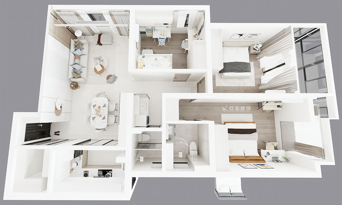 朱彥｜清江西苑17-2-1302-132㎡-現(xiàn)代簡(jiǎn)約風(fēng)格｜3室2廳2衛(wèi)｜老房裝修｜定制家｜全包14萬｜00_04鳥瞰圖