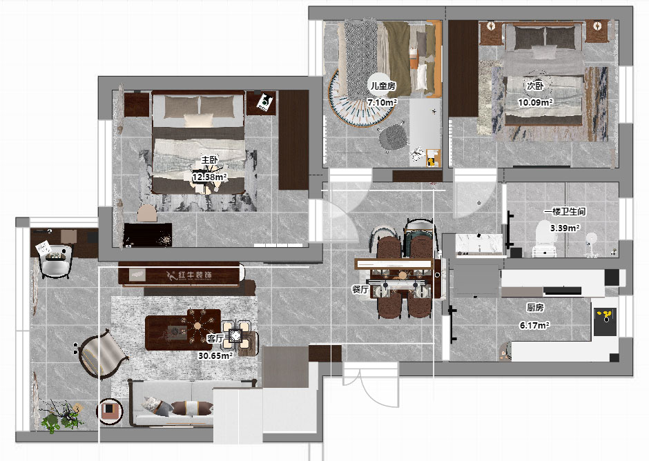 孟憲濤｜攝山星城步青苑18-2-604-120㎡-現(xiàn)代簡約風格｜4室2廳2衛(wèi)｜毛坯房裝修｜定制家｜全包16萬｜00_05一樓平面彩圖