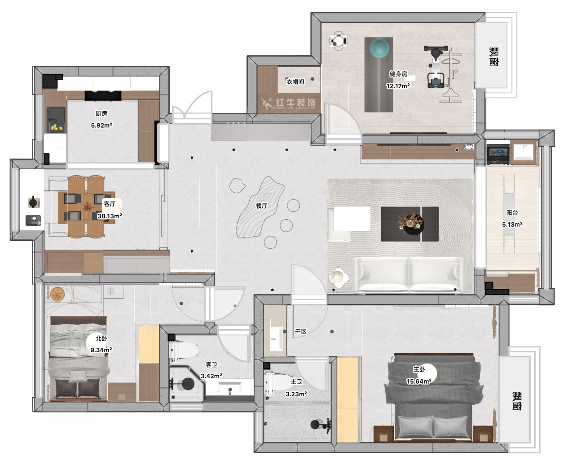 張智猿｜啟迪城博園1-302-114㎡-現(xiàn)代風(fēng)格｜3室2廳1衛(wèi)｜新房裝修｜定制家｜全包17萬｜00_04平面彩圖