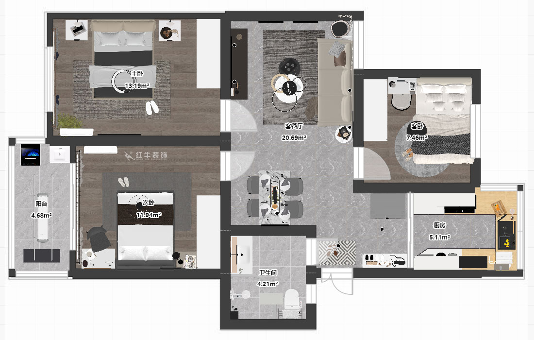 孟憲濤｜龍悅山莊7-402-82㎡-現(xiàn)代簡(jiǎn)約風(fēng)格｜3室2廳1衛(wèi)｜老房裝修｜定制家｜全包12萬(wàn)｜00_03平面彩圖