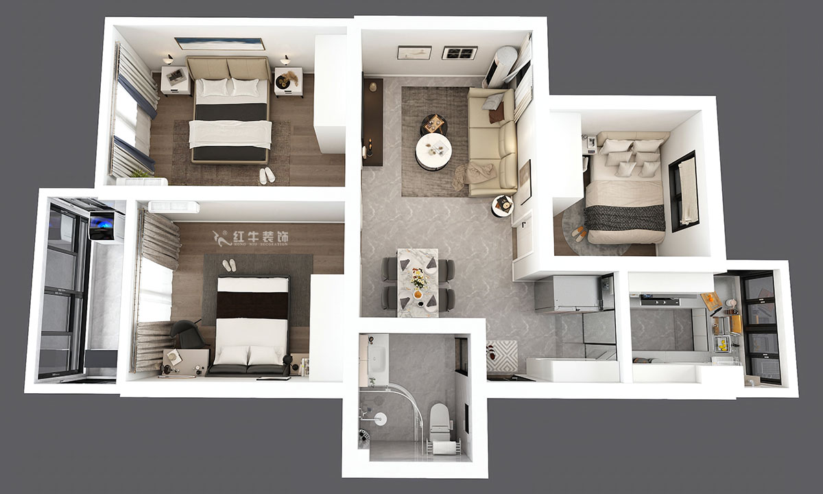 孟憲濤｜龍悅山莊7-402-82㎡-現(xiàn)代簡(jiǎn)約風(fēng)格｜3室2廳1衛(wèi)｜老房裝修｜定制家｜全包12萬(wàn)｜00_04鳥瞰圖