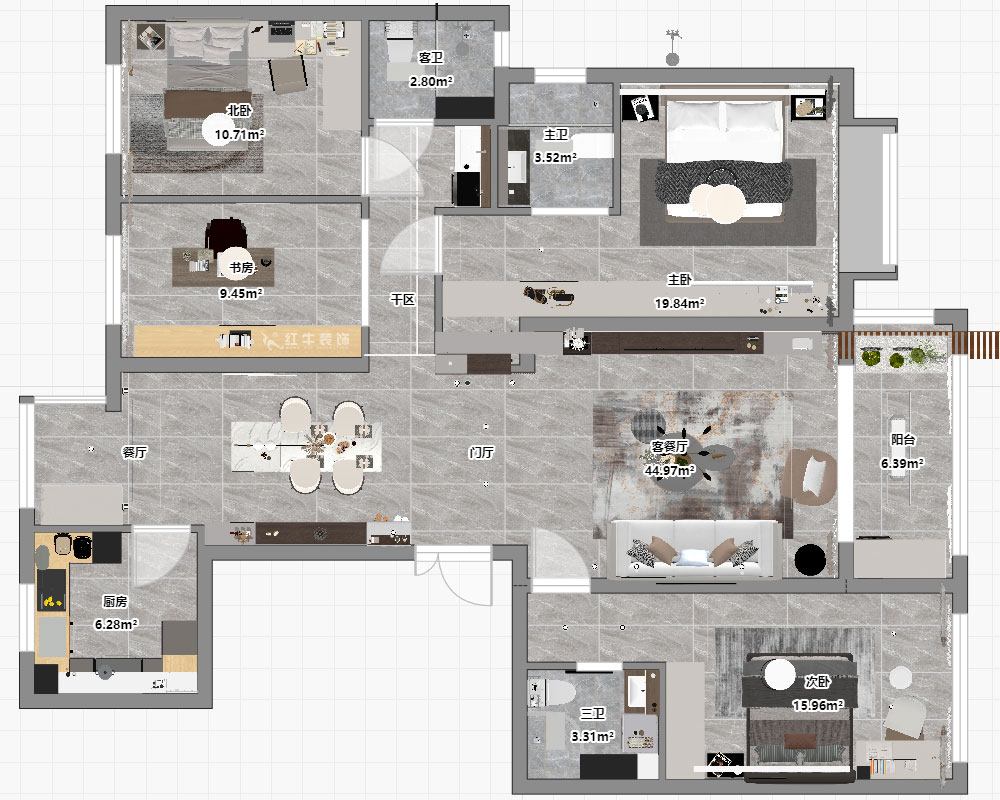 朱彥｜中海桃源里6-2-903-159㎡-現(xiàn)代簡(jiǎn)約風(fēng)格｜4室2廳3衛(wèi)｜新房裝修｜定制家｜全包21萬(wàn)｜00_03平面彩圖