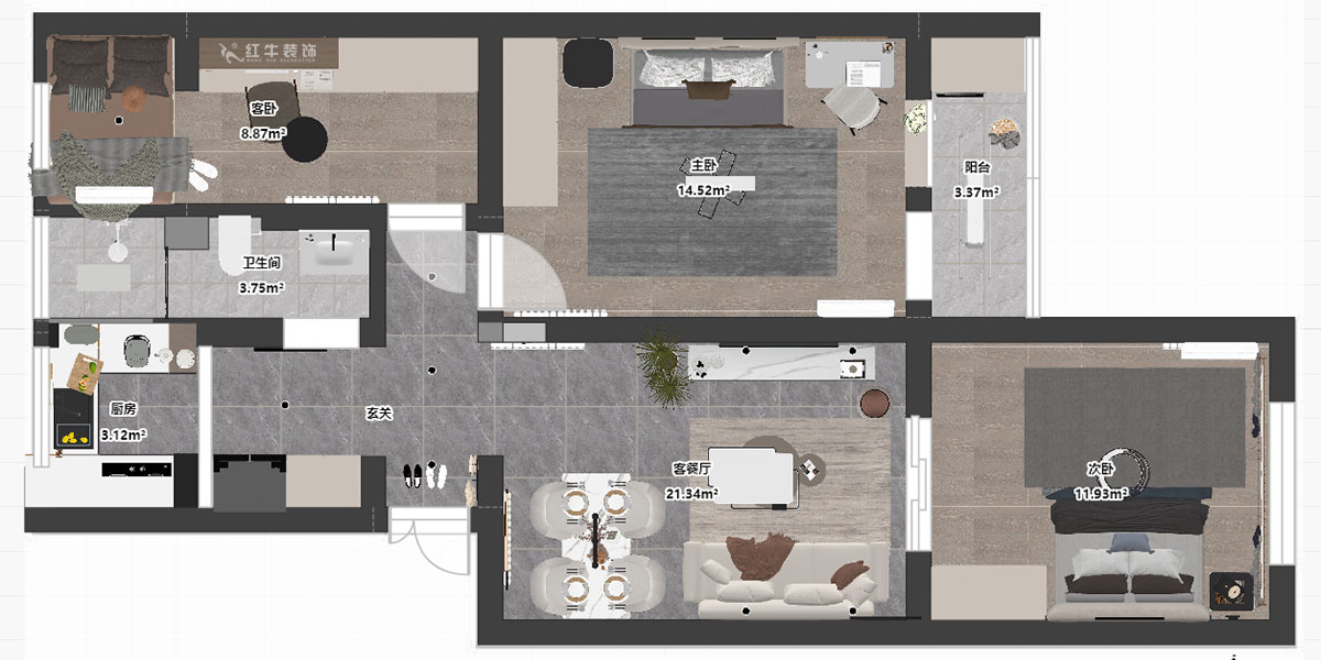 孟憲濤｜理工大121棟4-208-82㎡-現(xiàn)代簡(jiǎn)約風(fēng)格｜3室2廳1衛(wèi)｜老房裝修｜定制家｜全包12萬｜00_03平面彩圖