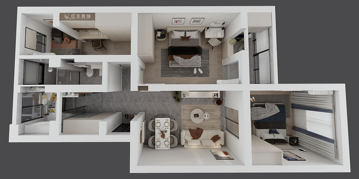 孟憲濤｜理工大121棟4-208-82㎡-現(xiàn)代簡(jiǎn)約風(fēng)格｜3室2廳1衛(wèi)｜老房裝修｜定制家｜全包12萬｜00_04鳥瞰圖