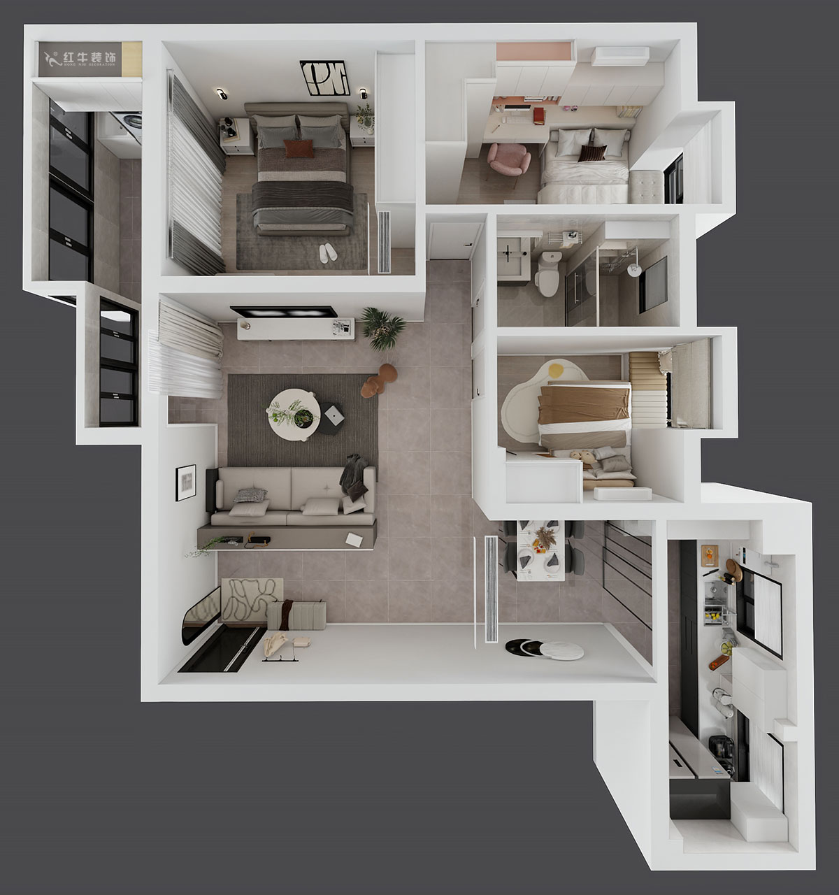 孟憲濤｜橋西苑2-1-1104-108㎡-簡約風格｜3室2廳1衛(wèi)｜老房裝修｜定制家｜全包14萬｜00_04鳥瞰圖