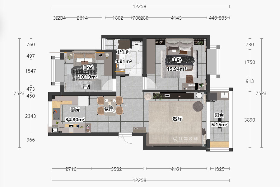朱明琪｜挪威森林14-705-90㎡-現(xiàn)代風(fēng)格｜2室2廳1衛(wèi)｜老房裝修｜定制家｜全包13萬｜00_03平面彩圖