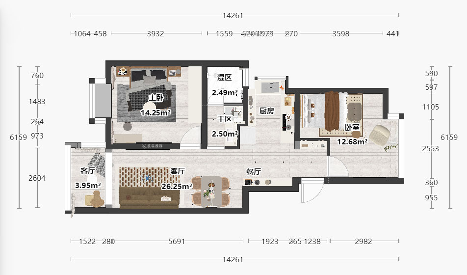 朱明琪｜韓府茗苑7-1-302-82㎡-輕法奶油風｜2室1廳1衛(wèi)｜老房裝修｜定制家｜全包11萬｜00_03平面彩圖